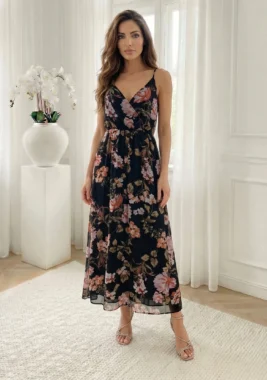 Rochie lunga vaporoasa cu imprimeu floral si bretele reglabile