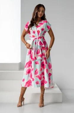Rochie lunga verde cu imprimeu floral roz si cordon in talie