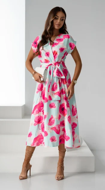 rochie-lunga-verde-cu-imprimeu-floral-roz-si-cordon-in-talie