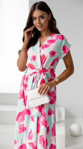 rochie-lunga-verde-cu-imprimeu-floral-roz-si-cordon-in-talie