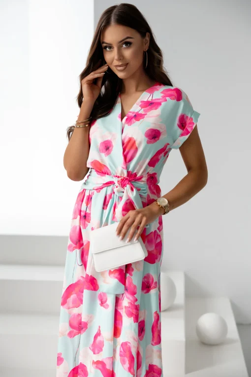 rochie-lunga-verde-cu-imprimeu-floral-roz-si-cordon-in-talie