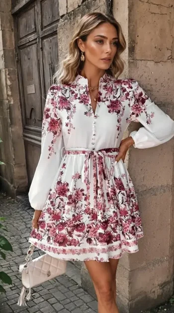 rochie-marieta-pink-scurta-cu-model-floral-si-maneci-lungi