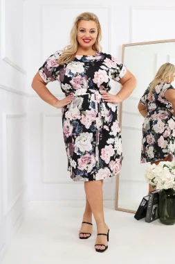 Rochie marime mare cu imprimeu floral si cordon in talie
