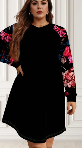 rochie-marime-mare-neagra-cu-maneci-florale