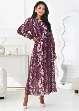 Rochie maxi plisata eleganta bordo cu imprimeu floral si curea in talie