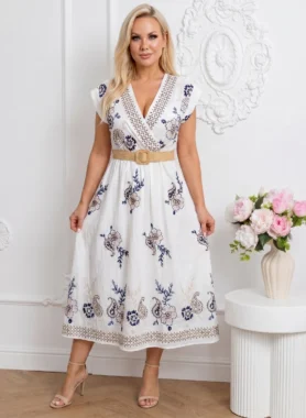 Rochie midi alba cu broderie, decolteu in V si curea textila