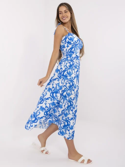 rochie-midi-alba-cu-imprimeu-albastru-si-bretele-subtiri