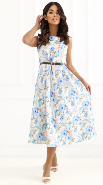 rochie-midi-alba-cu-imprimeu-floral-albastru-si-curea