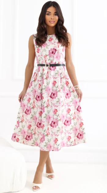rochie-midi-alba-cu-imprimeu-floral-roz-si-curea