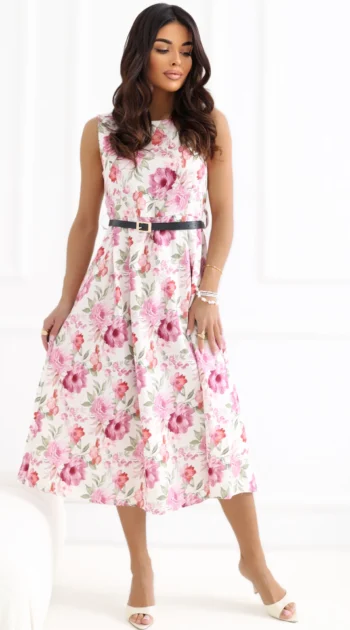 rochie-midi-alba-cu-imprimeu-floral-roz-si-curea