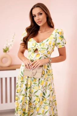 Rochie midi alba cu imprimeu lamai si crapatura laterala