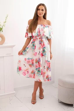 Rochie midi alba cu umeri goi si imprimeu floral