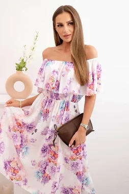 Rochie midi alba cu umeri goi si imprimeu floral mov