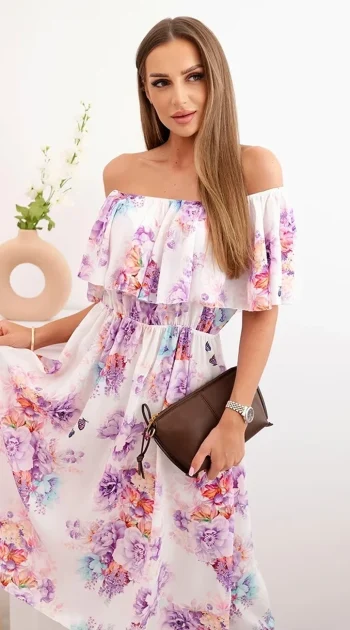 rochie-midi-alba-cu-umeri-goi-si-imprimeu-floral-mov