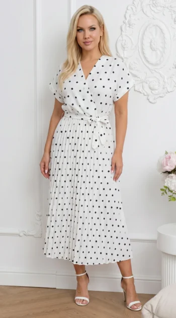 rochie-midi-alba-plisata-cu-buline-negre-si-decolteu-petrecut