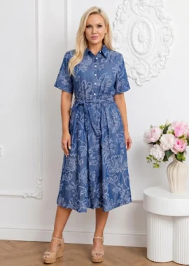 Rochie midi albastra cu broderie florala si cordon