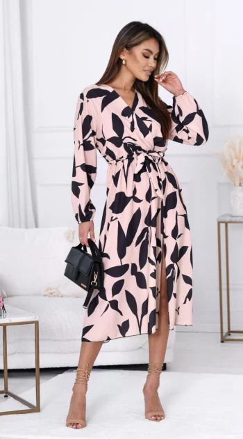 rochie-midi-bej-cu-imprimeu-abstract-si-decolteu-petrecut