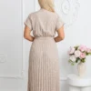 rochie-midi-bej-plisata-cu-buline-albe-si-decolteu-petrecut
