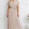 rochie-midi-bej-plisata-cu-buline-albe-si-decolteu-petrecut