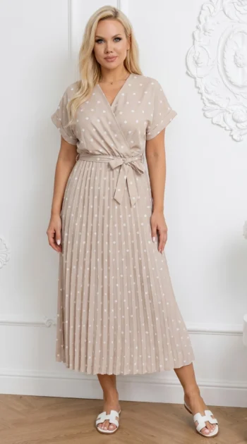 rochie-midi-bej-plisata-cu-buline-albe-si-decolteu-petrecut