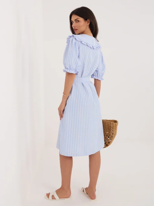rochie-midi-bleu-cu-dungi-si-guler-volanat