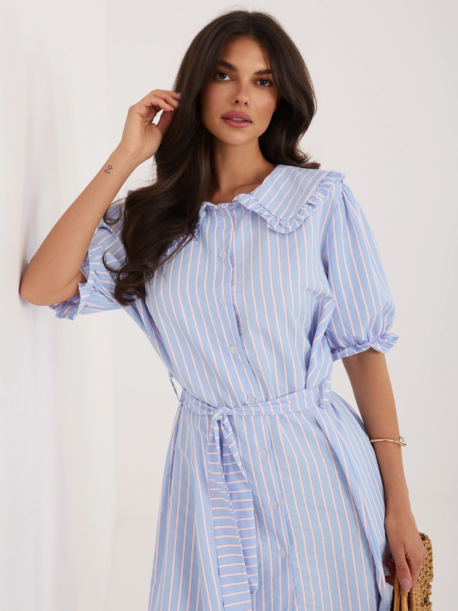 Rochie midi bleu cu dungi si gul... - imagine 4