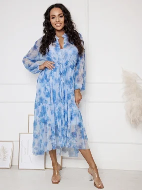 Rochie midi bleu cu imprimeu floral albastru