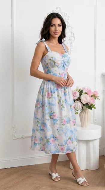 rochie-midi-bleu-cu-imprimeu-floral-delicat-si-bretele-cu-funda