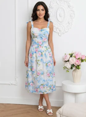 Rochie midi bleu cu imprimeu floral delicat si bretele cu funda