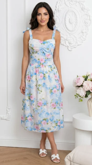 rochie-midi-bleu-cu-imprimeu-floral-delicat-si-bretele-cu-funda