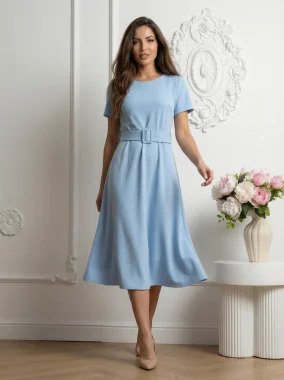 Rochie midi bleu din vascoza cu curea in talie