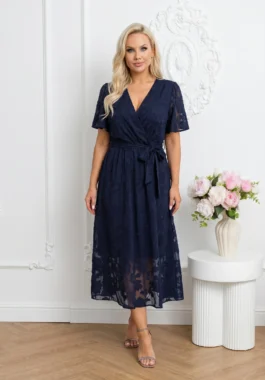 Rochie midi eleganta bleumarin cu textura florala