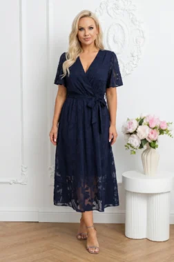 Rochie midi eleganta bleumarin cu textura florala