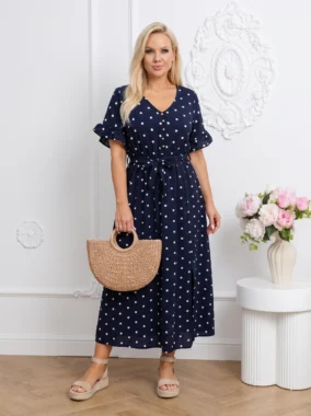 Rochie midi bleumarin cu buline albe si cordon in talie