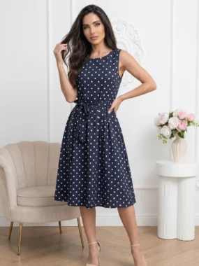 Rochie midi bleumarin din bumbac cu buline si cordon in talie
