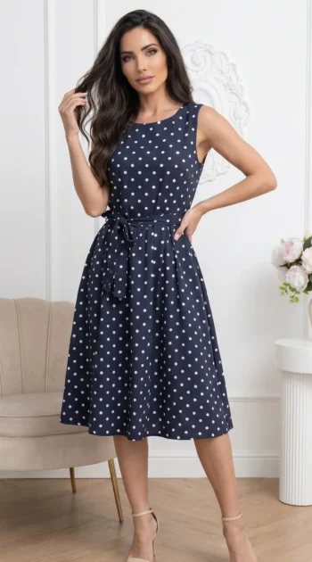 rochie-midi-bleumarin-din-bumbac-cu-buline-si-cordon-in-talie