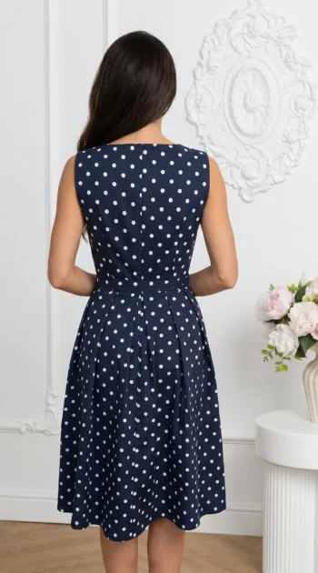 rochie-midi-bleumarin-din-bumbac-cu-buline-si-cordon-in-talie