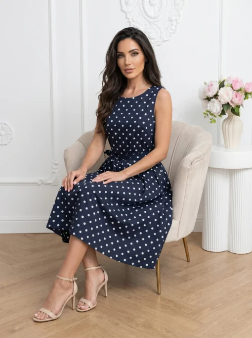 rochie-midi-bleumarin-din-bumbac-cu-buline-si-cordon-in-talie