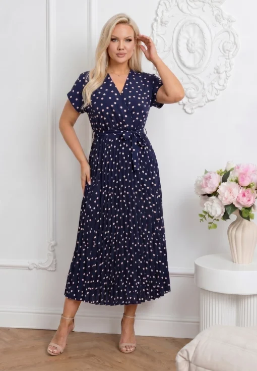 rochie-midi-bleumarin-plisata-cu-buline-si-decolteu-petrecut