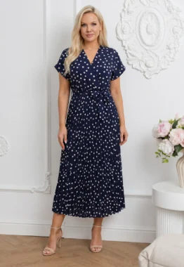 Rochie midi bleumarin din vascoza cu buline si decolteu petrecut