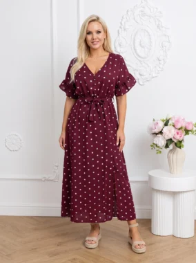 Rochie midi bordo cu buline albe si cordon in talie