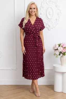 Rochie midi bordo din vascoza cu buline si decolteu petrecut