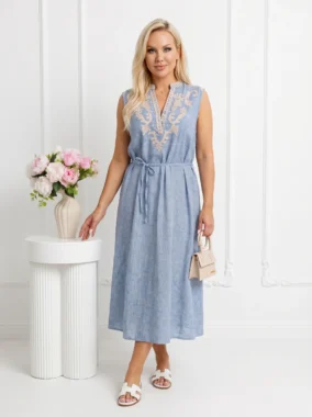 Rochie midi cu broderie si cordon in talie