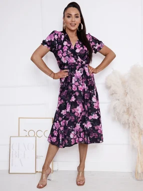 Rochie midi cu decolteu petrecut si imprimeu floral roz