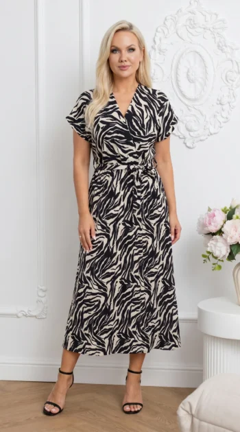 rochie-midi-cu-imprimeu-alb-negru-si-decolteu-petrecut