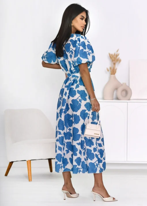 rochie-midi-cu-imprimeu-floral-alb-albastru