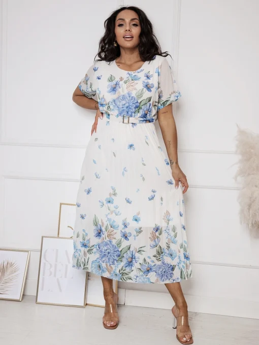 rochie-midi-cu-imprimeu-floral-albastru-curea-si-pliuri-delicate