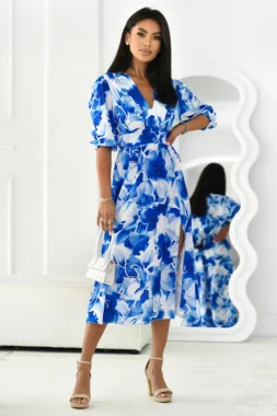 Rochie midi cu imprimeu floral albastru, decolteu petrecut si maneci bufante