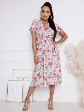 Rochie midi cu imprimeu floral, decolteu petrecut si cordon in talie