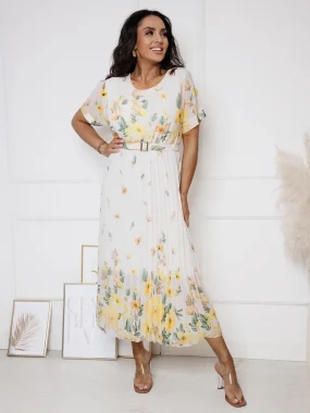 Rochie midi cu imprimeu floral galben, curea si pliuri delicate